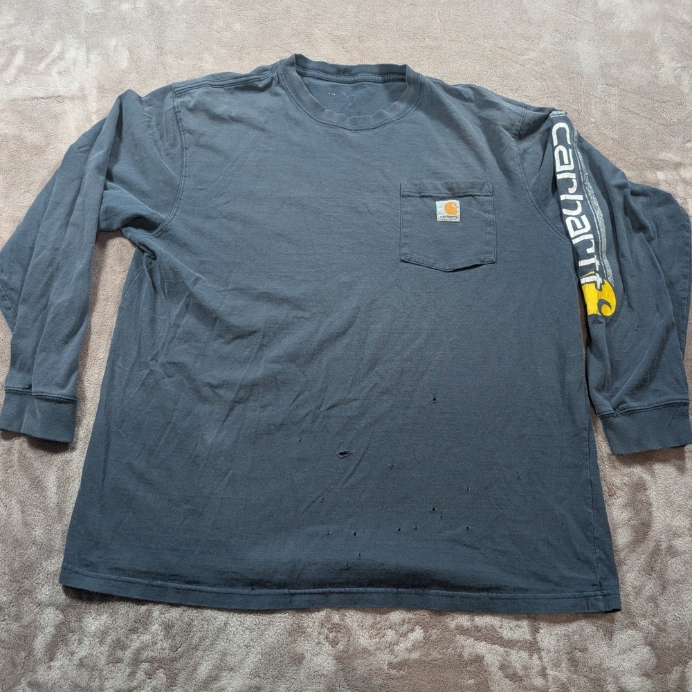 Carhartt Long Sleeve T-Shirt Mens XL Blue Distressed Graphic Pocket Workwear Tee